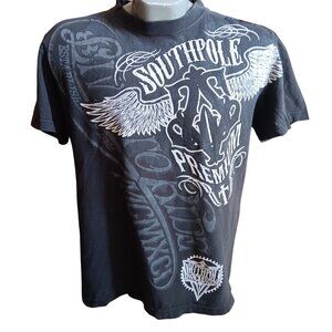 M Southpole Premium Graphic Tee Shirt Black Wing Design Faded Crackle